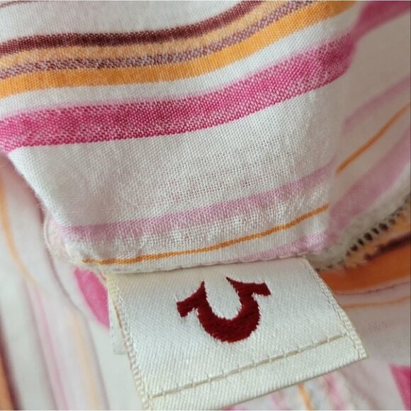 TRUE religion snap pearl button down shirt stripes pink orange western S - Picture 8 of 12